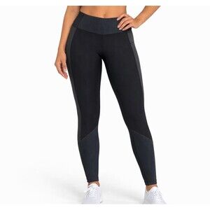 Lucy Black/gray high-waisted athletic leggings wide waistband ribbed calf SZ SM